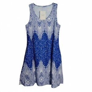 NWT ETCYYNEW Blue and White Geometric Print Sleeveless A-Line Dress with Pockets